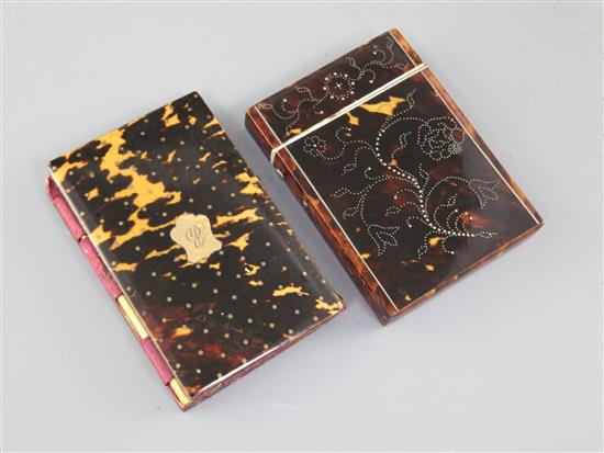 Two 19th century tortoiseshell and pique-work card cases, 9.5 and 10.3cm